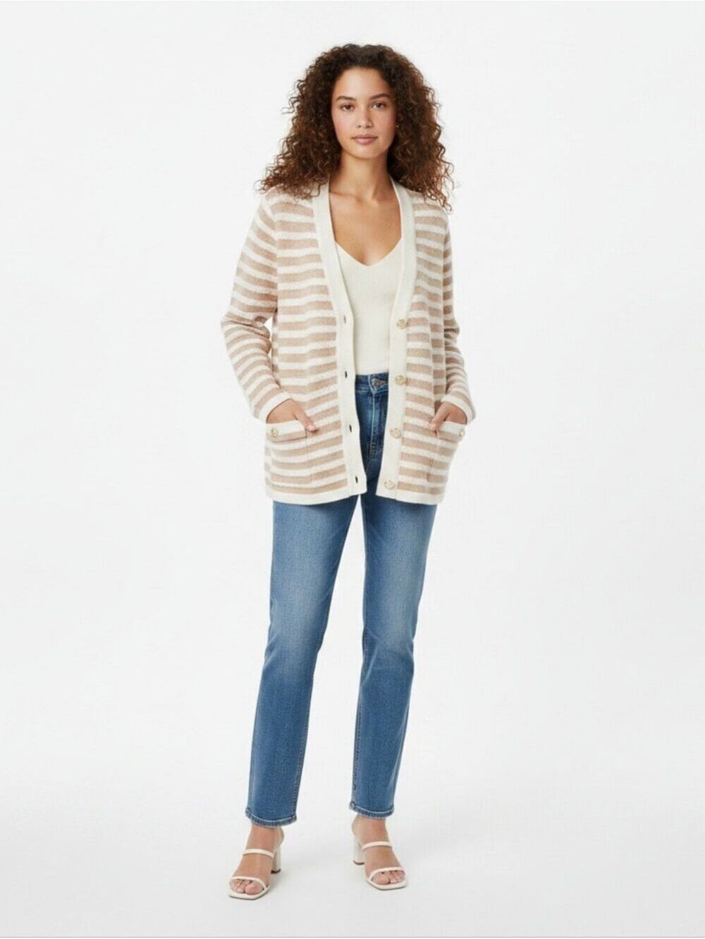 Isaac Mizrahi Cardigan Sweater Tan and Cream Stripes Size L